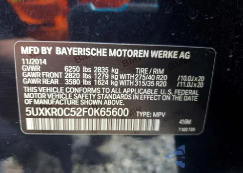 2015 BMW X5 xDrive35I из США, поврежденный, VIN 5UXKR0C52F0K65600